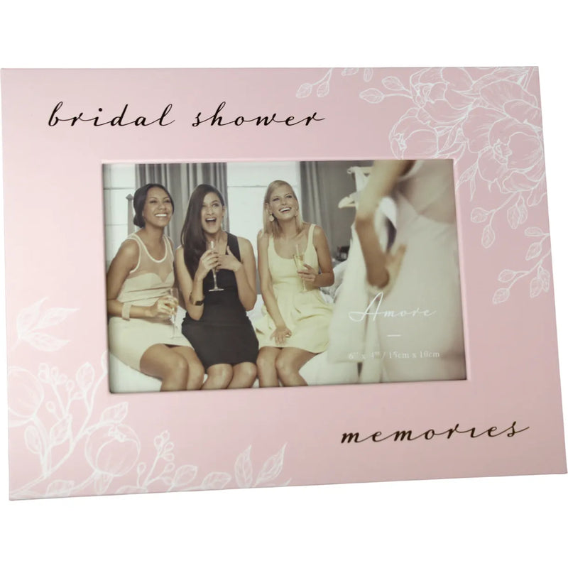 Pink photo frame with 'bridal shower' and 'memories' text, featuring a photo of four women.