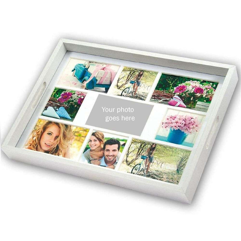 White photo collage frame with cut-out sections for photos on a white background