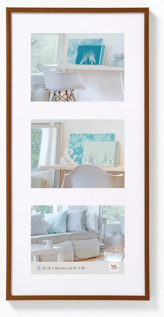 Framed collage of three images showing interior decor with furniture and decor items.