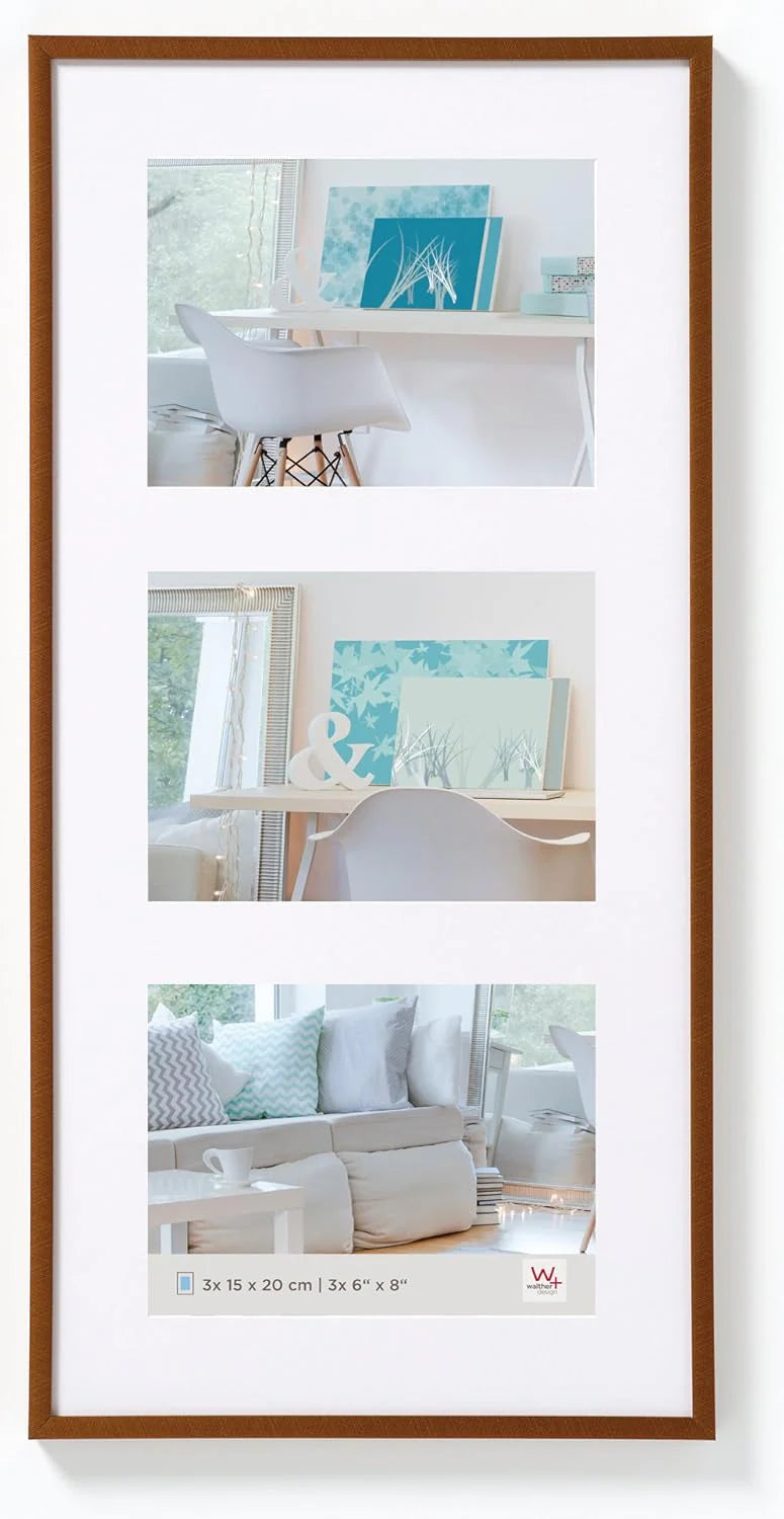 Framed collage of three images showing interior decor with furniture and decor items.