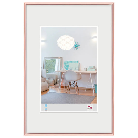 Framed picture of a modern living room with a rose gold frame.