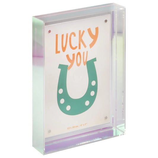 A clear acrylic block frame featuring a white insert card with the words 'LUCKY YOU' in orange and a green horseshoe graphic, shown on a white background.